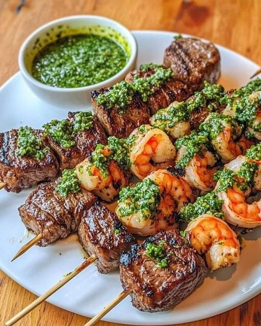 Brochetas de surf y césped se encuentran con chimichurri