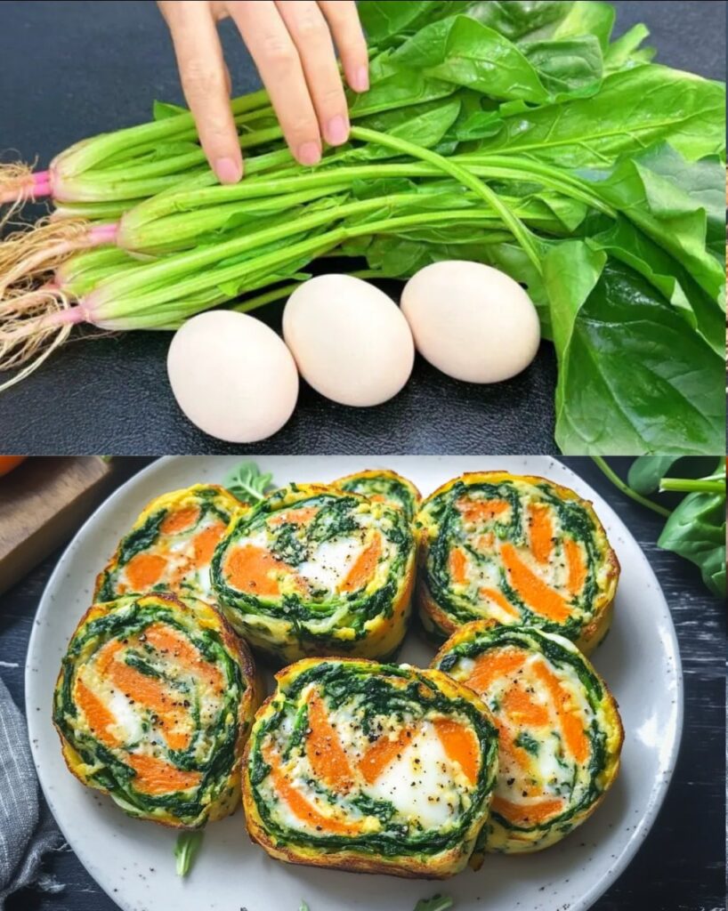 Panqueques de espinacas, hongos enoki y huevo con zanahoria